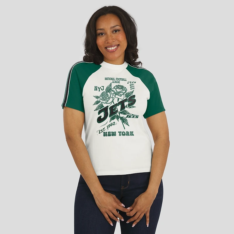 Women's WEAR by Erin Andrews White New York Jets Sleeve Stripe Distressed Raglan T-Shirt