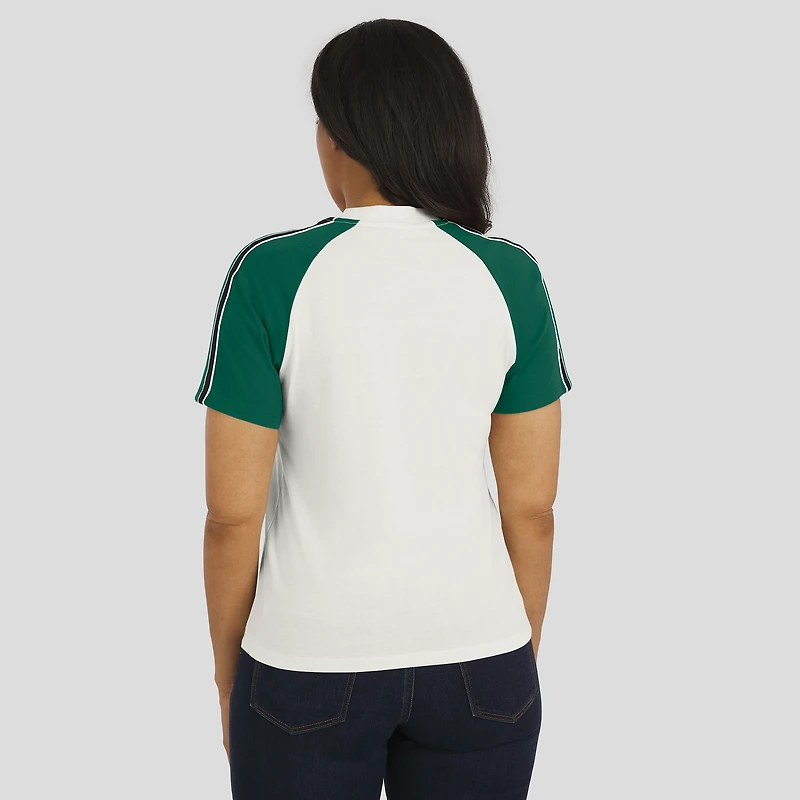 T-shirt raglan blanc à rayures et manches vieillies pour femme WEAR by Erin Andrews, imprimé New York Jets