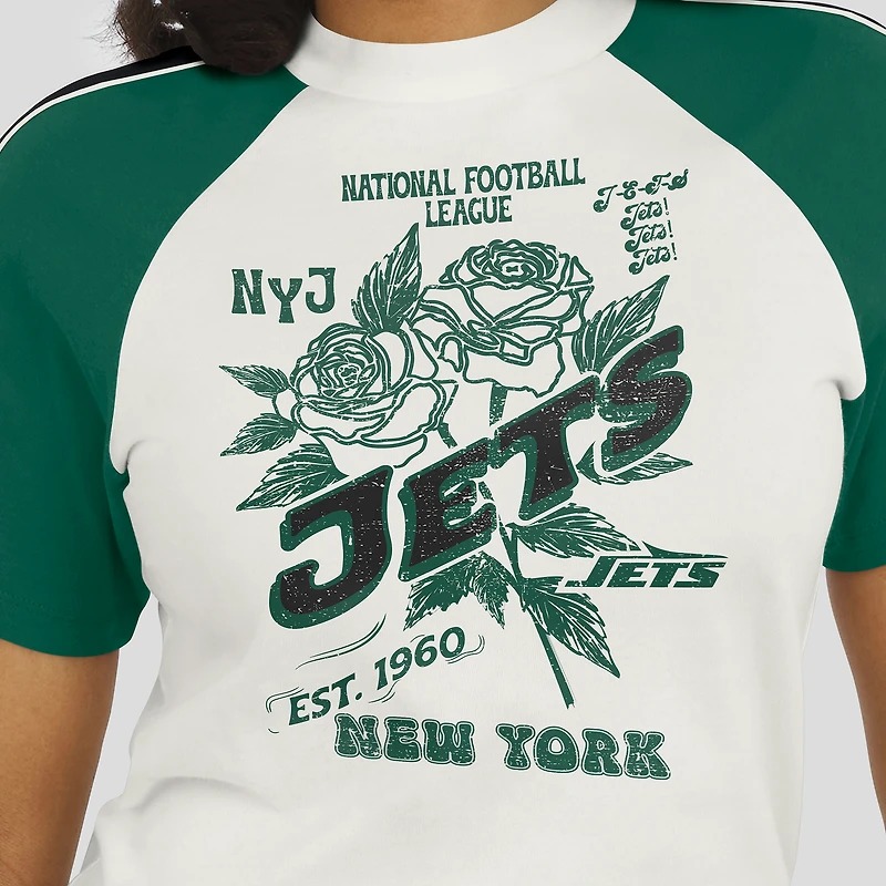 Women's WEAR by Erin Andrews White New York Jets Sleeve Stripe Distressed Raglan T-Shirt