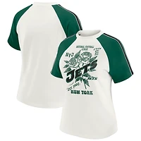 Women's WEAR by Erin Andrews White New York Jets Sleeve Stripe Distressed Raglan T-Shirt