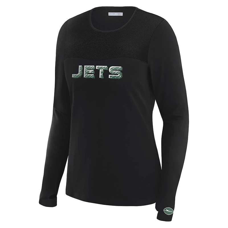 T-shirt à manches longues et empiècement en maille noire New York Jets WEAR by Erin Andrews x Gracie Hunt pour femme