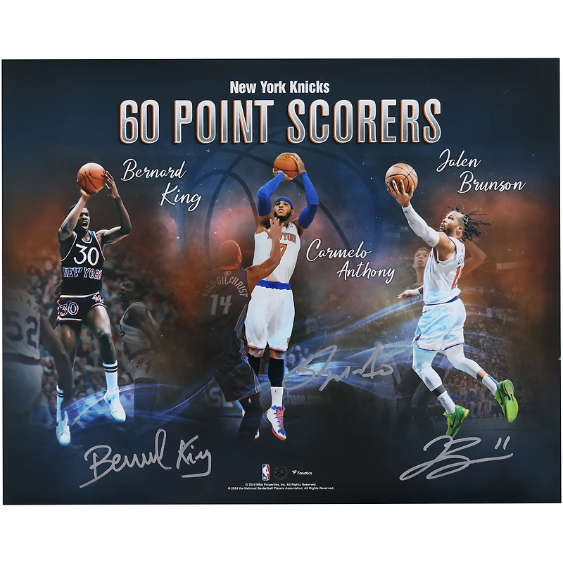 Collage autographié des New York Knicks par Carmelo Anthony, Jalen Brunson et Bernard King, 60 points, 16" x 20"