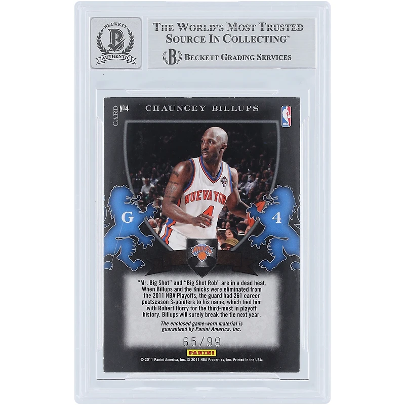 Carte autographiée de Chauncey Billups (New York Knicks) 11 Panini Elite Black Box Crusade Materials Jersey Relic n° 4/99, authentifiée par Beckett Fanatics Witnessed.
