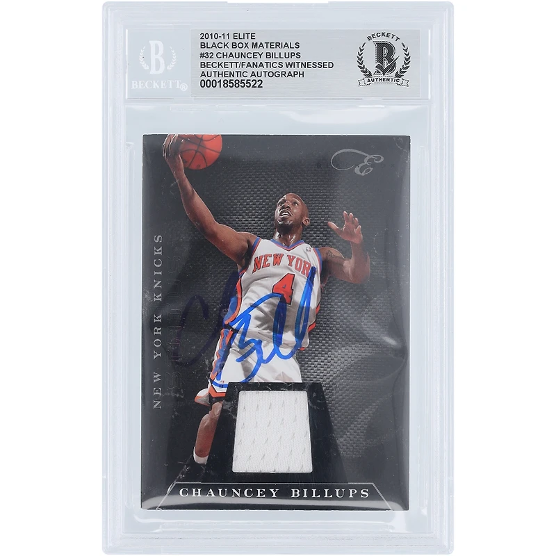 Carte authentifiée par Chauncey Billups (New York Knicks) 11 Panini Elite Black Box Materials Jersey Relic #32/99, autographiée par Beckett Fanatics Witnessed.