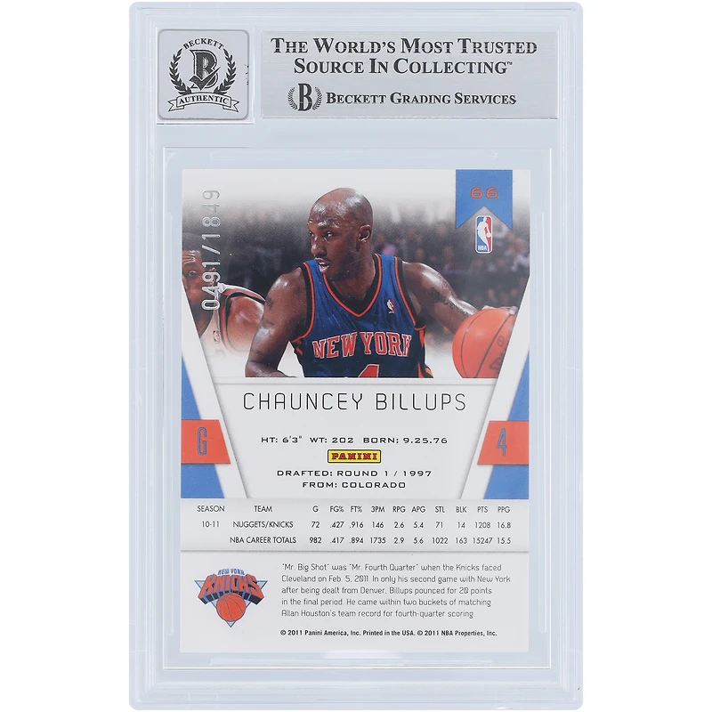 Chauncey Billups New York Knicks Autographed 2010-11 Panini Totally Certified #66 #/1849 Beckett Fanatics Witnessed Authenticated 9/10 Card