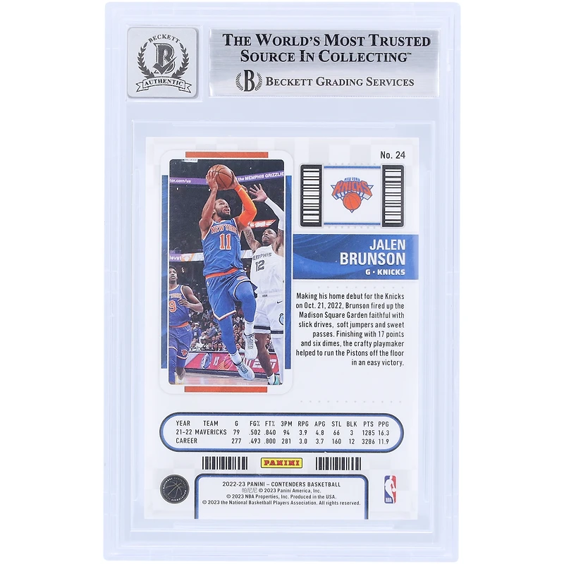 Billet autographié du premier tour des Panini Contenders 2022-23 de Jalen Brunson, New York Knicks, n° 24 #/199, carte 10 authentifiée et témoin des fanatiques de Beckett