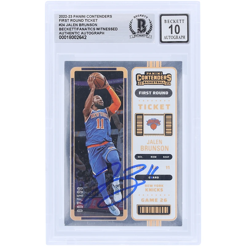 Billet autographié du premier tour des Panini Contenders 2022-23 de Jalen Brunson, New York Knicks, n° 24 #/199, carte 10 authentifiée et témoin des fanatiques de Beckett