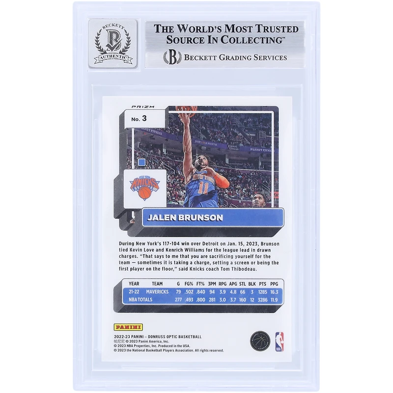 Carte Panini Donruss Optic Holo n° 3 Beckett autographiée par Jalen Brunson des New York Knicks 2022-23, carte authentifiée et témoin des fanatiques