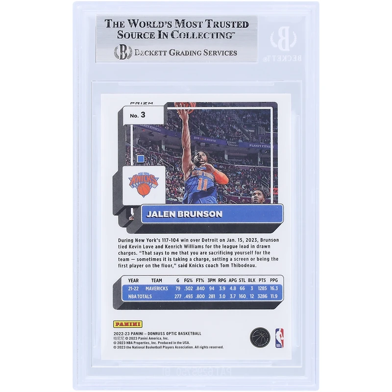 Carte Panini Donruss Optic Holo n° 3 Beckett autographiée par Jalen Brunson des New York Knicks 2022-23, signée par des fanatiques.