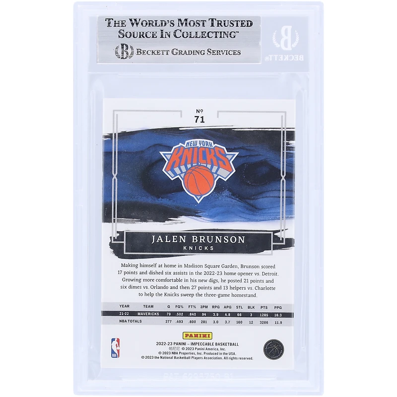 Jalen Brunson New York Knicks Autographié 2022-23 Panini Impeccable #71 #/99 Beckett Fanatics Witnessed Authenticated Card