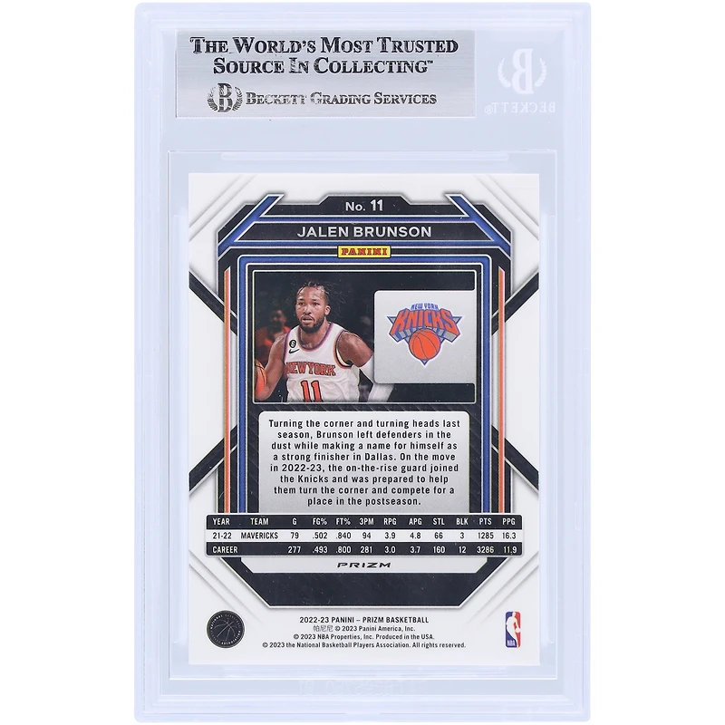 Carte Panini Prizm Fast Break Prizm n° 11 Beckett autographiée par Jalen Brunson des New York Knicks 2022-23, carte authentifiée et témoin des fanatiques