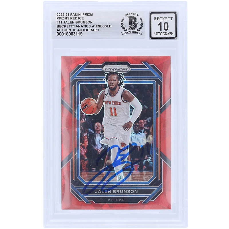 Carte Panini Prizm Red Ice Prizm n° 11 signée par Jalen Brunson des New York Knicks 2022-23, signée Beckett Fanatics, authentifiée.