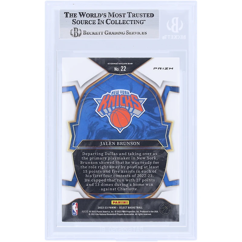 Carte Panini Select Blue Prizm n° 22 Beckett autographiée par Jalen Brunson des New York Knicks 2022-23, signée Beckett Fanatics
