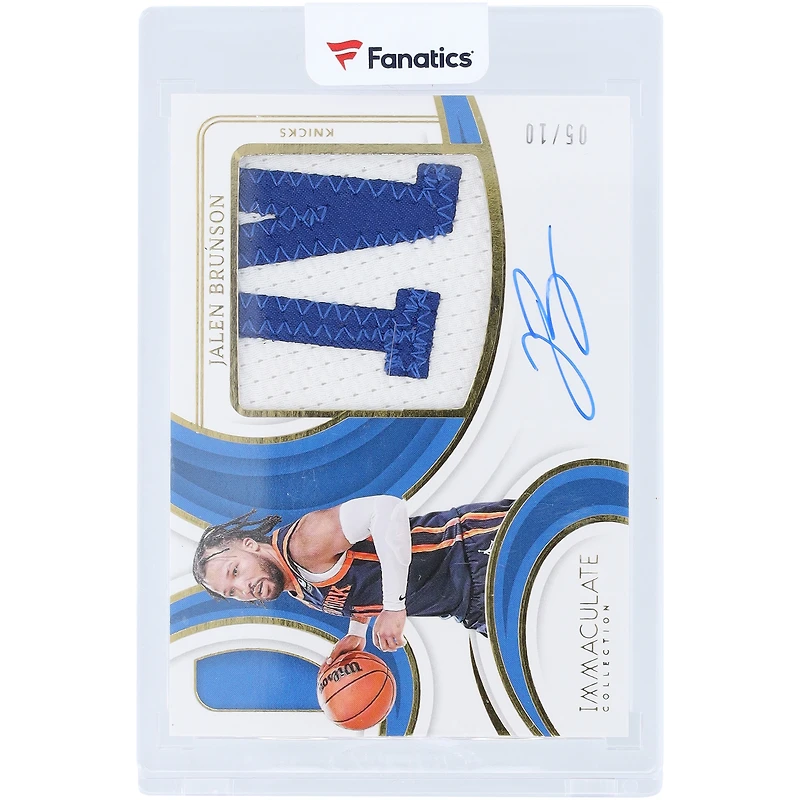 Carte autographiée de Jalen Brunson (New York Knicks) 2023-24 Panini Immaculate Collection, utilisée en match, avec patch, lettre et relique, couleur or #PPA-BRN #5/10