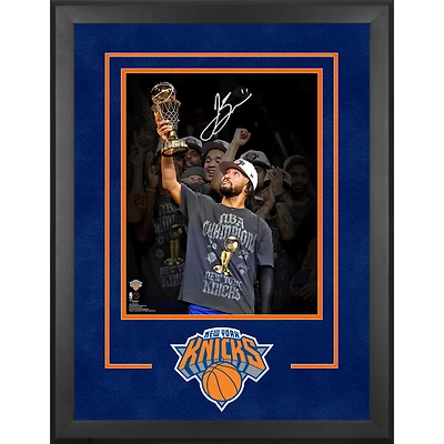 Jalen Brunson New York Knicks Autographed 2026 NBA Finals Champions Deluxe Framed 16" x 20" Holding Finals MVP Trophy Spotlight Photograph