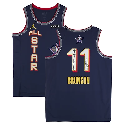 Maillot Nike Swingman bleu marine dédicacé par Jalen Brunson des New York Knicks pour le match des étoiles NBA 2025, avec inscriptions « 25 ASG 2/16/25 » et « City by the Bay » - Édition limitée à 10 exemplaires
