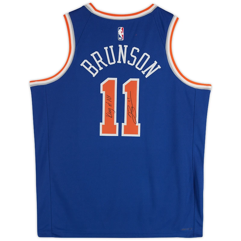 Jalen Brunson New York Knicks Autographed Nike Blue Icon Swingman Jersey with "King of NY" Inscription