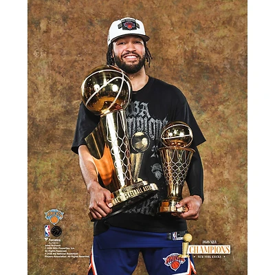 Jalen Brunson New York Knicks Unsigned 2026 NBA Finals Champions Posing with Larry O' Brien Championship & MVP Trophy