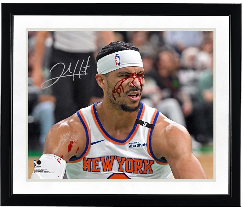 Photo dédicacée de Josh Hart (New York Knicks), 40 x 50 cm, match 5 du deuxième tour des séries éliminatoires de la Conférence Est contre les Boston Celtics (avec un ballon saignant).
