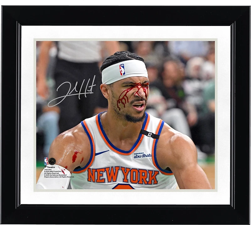 Photographie autographiée de Josh Hart, New York Knicks, 20 x 25 cm, deuxième tour des séries éliminatoires de la Conférence Est, match 5 contre les Boston Celtics, en train de saigner