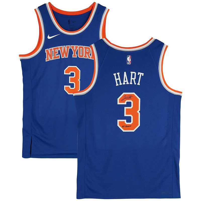 Maillot Nike Icon Edition Swingman bleu dédicacé par Josh Hart des New York Knicks avec inscription « NY Forever » pour la saison 2022-23