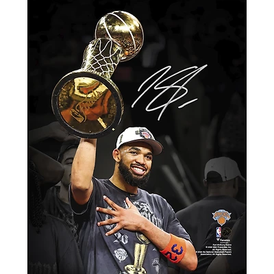 Karl-Anthony Towns New York Knicks Autographed 2026 NBA Finals Champions 8" x 10" Holding Larry O'Brien Trophy Spotlight Photograph