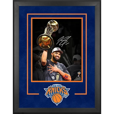 Karl-Anthony Towns New York Knicks Autographed 2026 NBA Finals Champions Deluxe Framed 16" x 20" Holding Larry O'Brien Trophy Spotlight Photograph