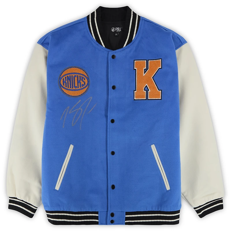 Karl-Anthony Towns New York Knicks Autographed Cream/Blue FISLL Unisex Full-Snap Varsity Jacket
