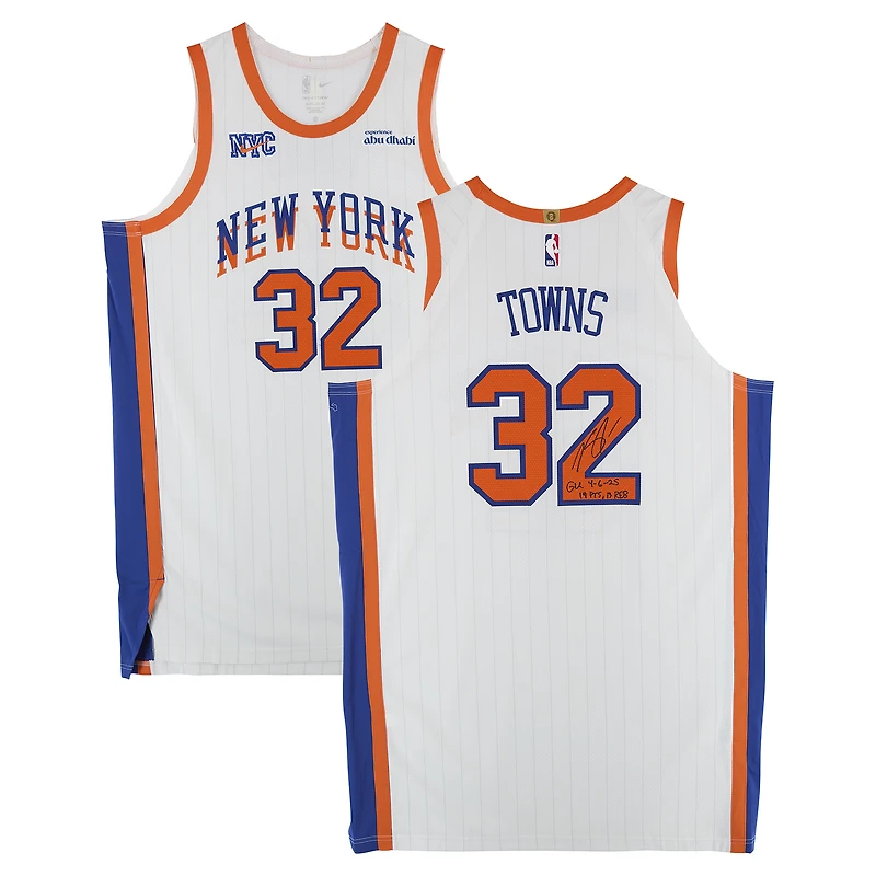 Maillot blanc City n° 32 porté par Karl-Anthony Towns (New York Knicks) lors du match contre les Phoenix Suns le 6 avril 2025, avec plusieurs inscriptions - Taille 54+6