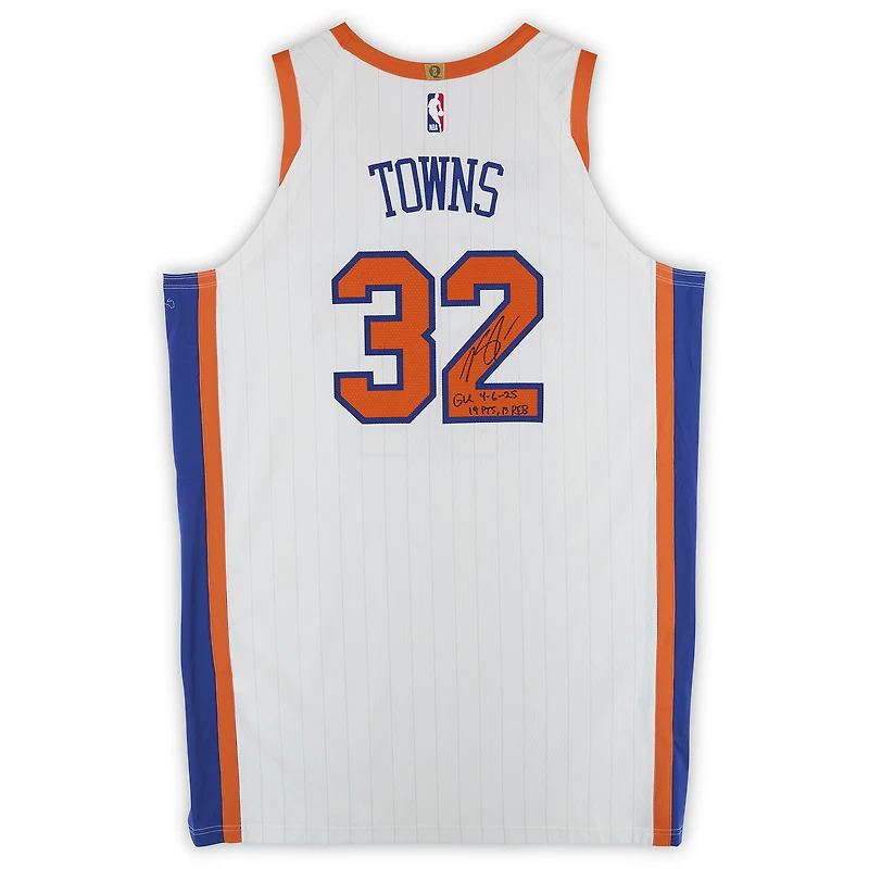 Karl-Anthony Towns New York Knicks Autographed Game-Used #32 White City Jersey vs. Phoenix Suns on April 6, 2025 with Multiple Inscriptions - Size 54+6