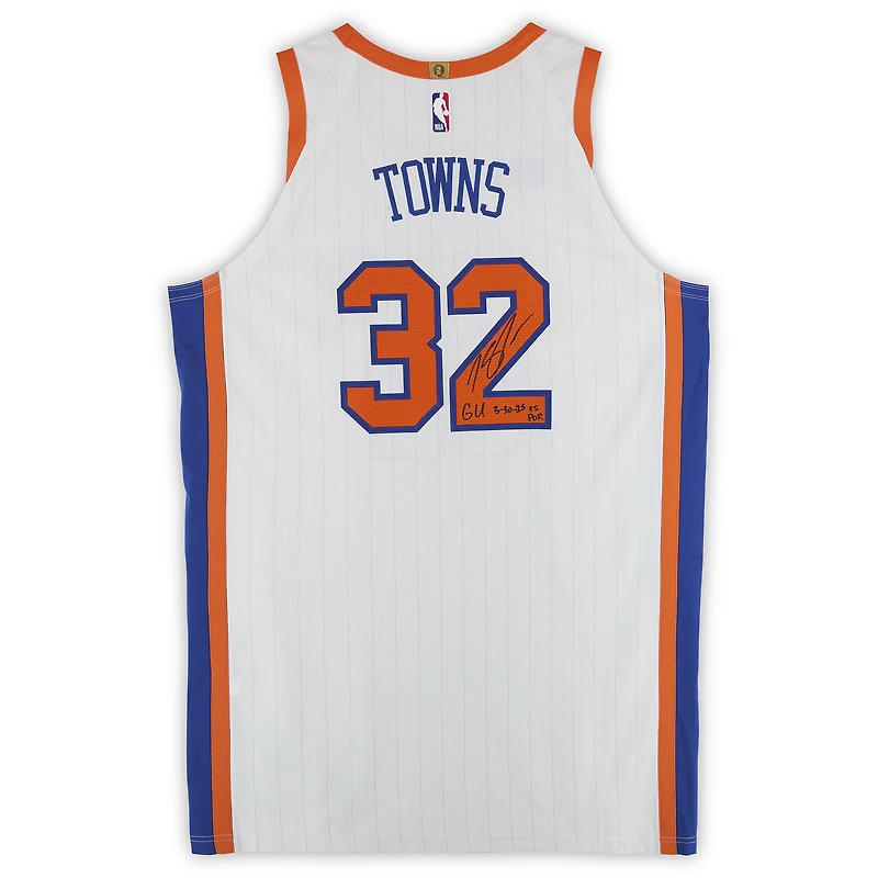 Karl-Anthony Towns New York Knicks Autographed Game-Used #32 White City Jersey vs. Portland Trail Blazers on March 30, 2025 with "GU 3-30-25 vs POR" Inscription - Size 54+6