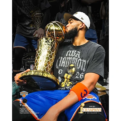 Karl-Anthony Towns New York Knicks Unsigned 2026 NBA Finals Champions Kissing Larry O' Brien Championship Trophy Spotlight Photograph