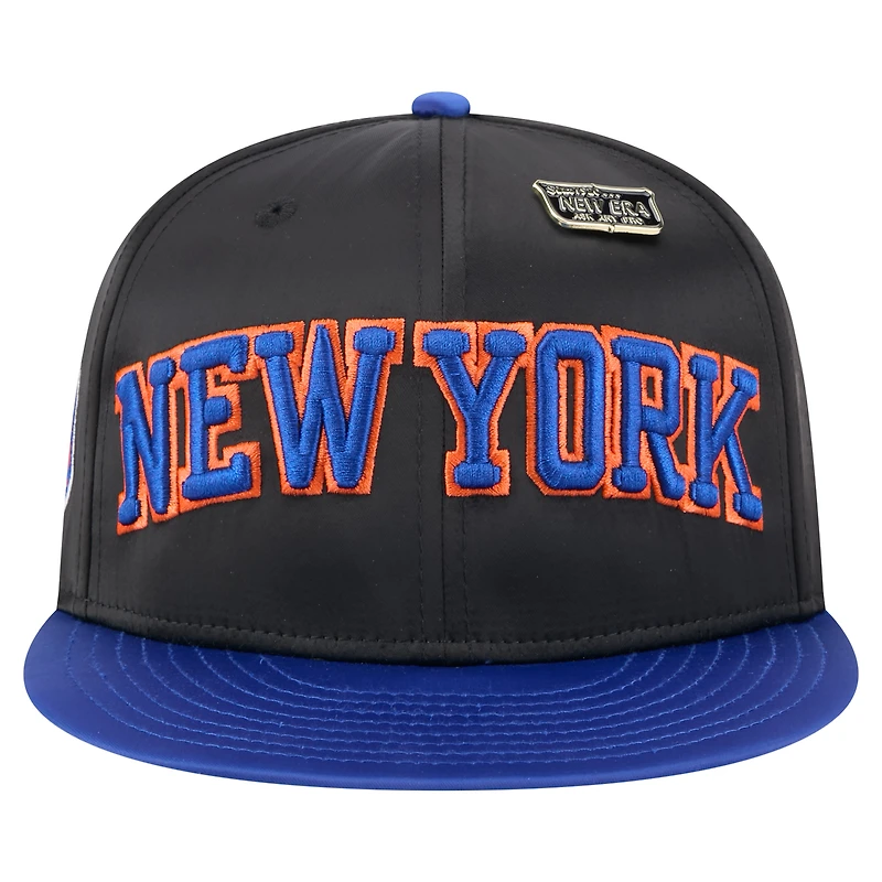 Men's New Era  Black/Blue New York Knicks Throwback Satin Vintage Pin Two-Tone 59FIFTY Fitted Hat