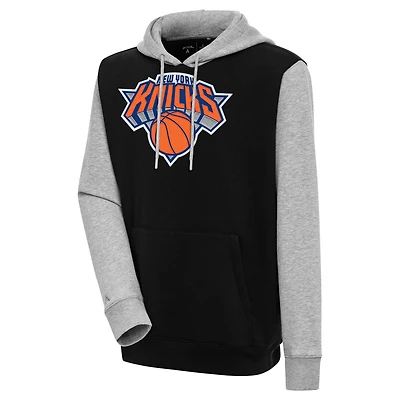 Men's Antigua Black/Heather Gray New York Knicks Victory Colorblock Pullover Hoodie