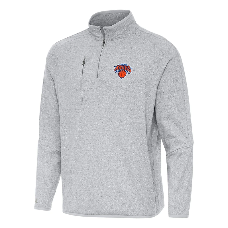 Men's Antigua Heather Gray New York Knicks Certain Quarter-Zip Tri-Blend Sweatshirt