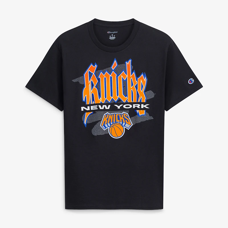 T-shirt Champion noir pour homme, New York Knicks, police gothique