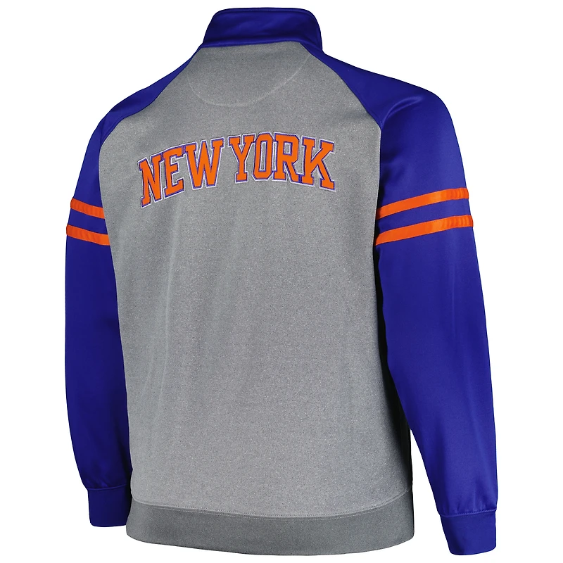 Men's Fanatics Blue/Heather Gray New York Knicks Big & Tall Pieced Stripe Raglan Full-Zip Track Jacket
