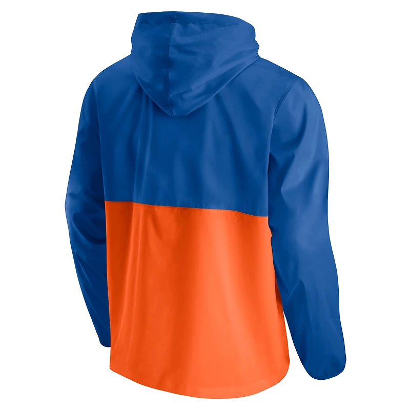 Veste à capuche coupe-vent demi-zip Fanatics pour hommes bleu/orange New York Knicks Anorak Block Party
