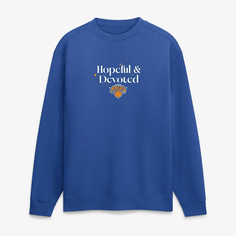 Men's Fanatics Blue New York Knicks Hopeful & Devoted Fleece Crew Sweatshirt