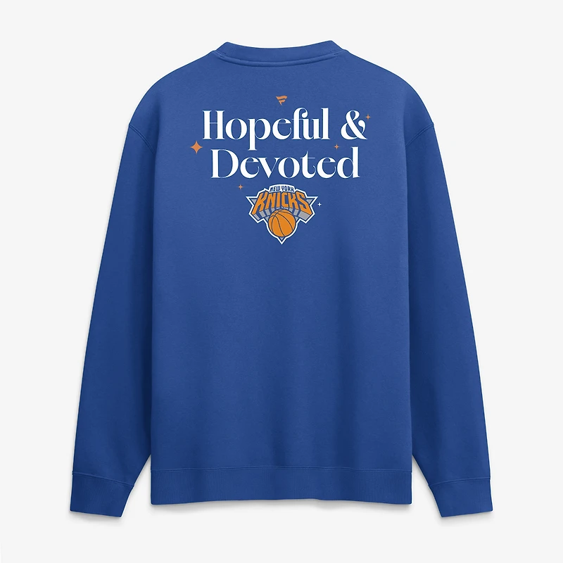Men's Fanatics Blue New York Knicks Hopeful & Devoted Fleece Crew Sweatshirt
