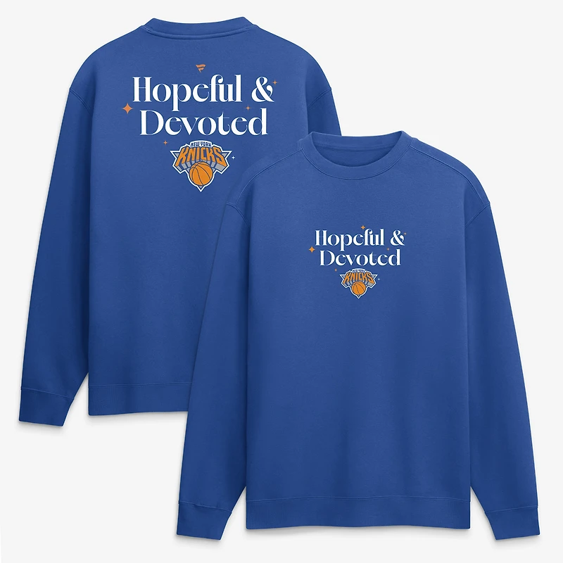 Sweat-shirt polaire Fanatics Blue New York Knicks pour homme, modèle Hopeful & Devoted.