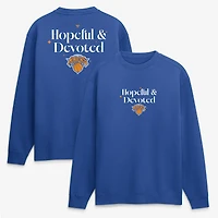 Sweat-shirt polaire Fanatics Blue New York Knicks pour homme, modèle Hopeful & Devoted.