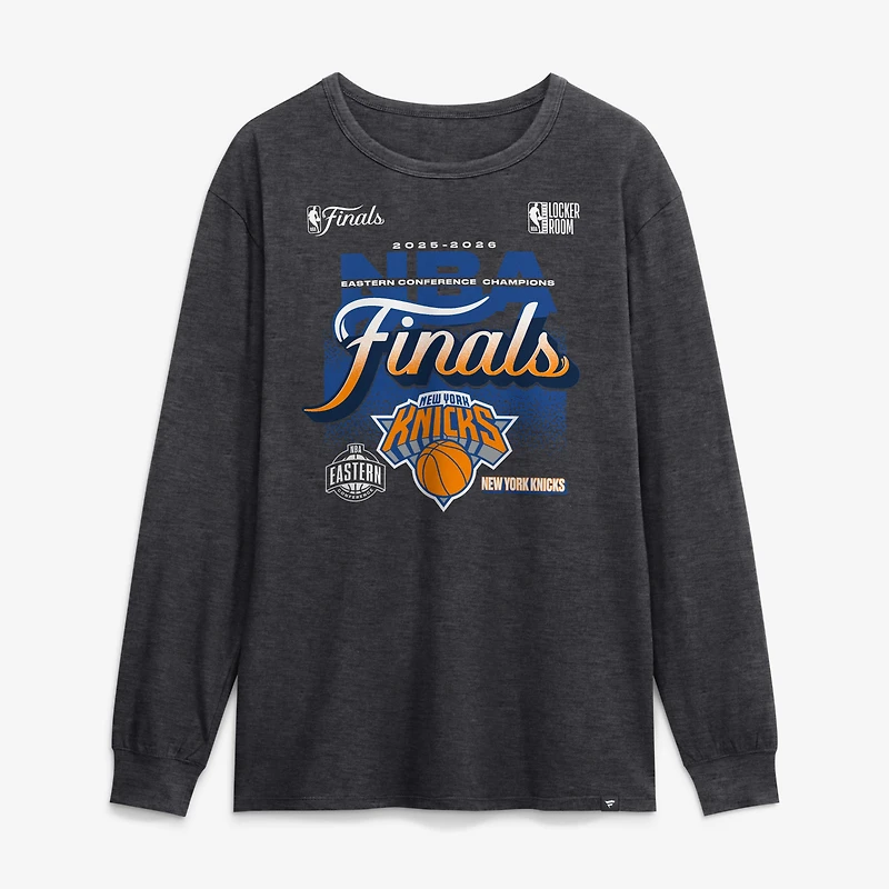 T-shirt à manches longues Fanatics Charcoal New York Knicks 2026, champions de la Conférence Est NBA, vestiaire