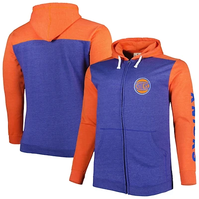 Men's Fanatics Heathered Blue/Heathered Orange New York Knicks Big & Tall Down and Distance Full-Zip Hoodie