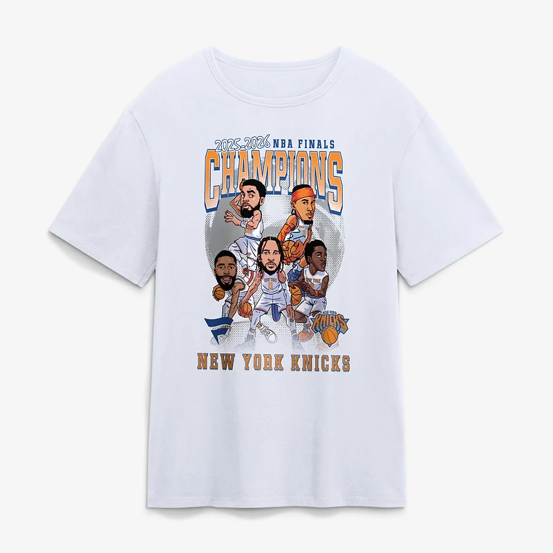 T-shirt Fanatics blanc pour homme, New York Knicks, champions NBA 2026, caricature de l'équipe