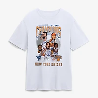 T-shirt Fanatics blanc pour homme, New York Knicks, champions NBA 2026, caricature de l'équipe