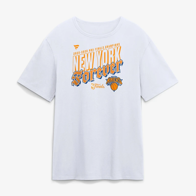 T-shirt Fanatics blanc pour homme New York Knicks, champions des finales NBA 2026, emblème de la ville natale