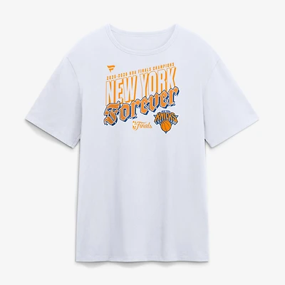 T-shirt Fanatics blanc pour homme New York Knicks, champions des finales NBA 2026, emblème de la ville natale