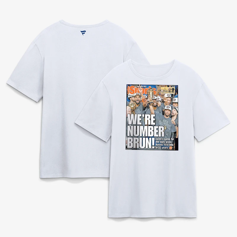 T-shirt Fanatics blanc pour homme, New York Knicks x Post, champions des finales NBA 2026, couverture de journal