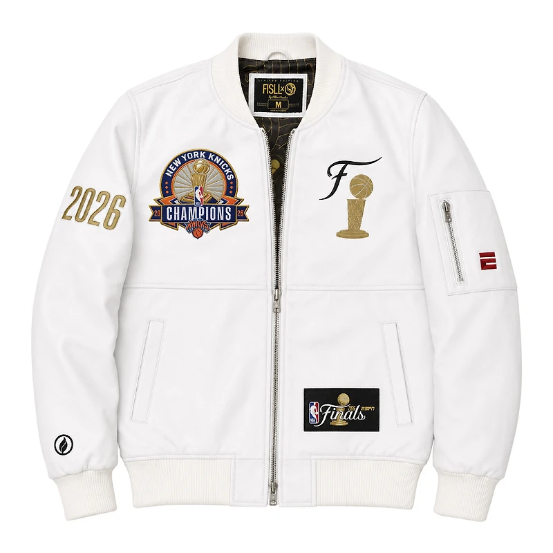 Men's FISLL White New York Knicks 2026 NBA Finals Champions Team Full-Zip Leather Jacket